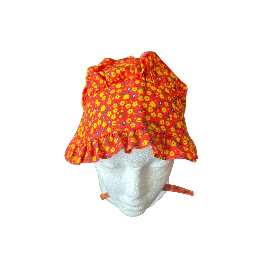 Vintage Toddler Floral Sun‎ Bonnet Hat Ruffle Brim Chin Tie Red Orange Yellow